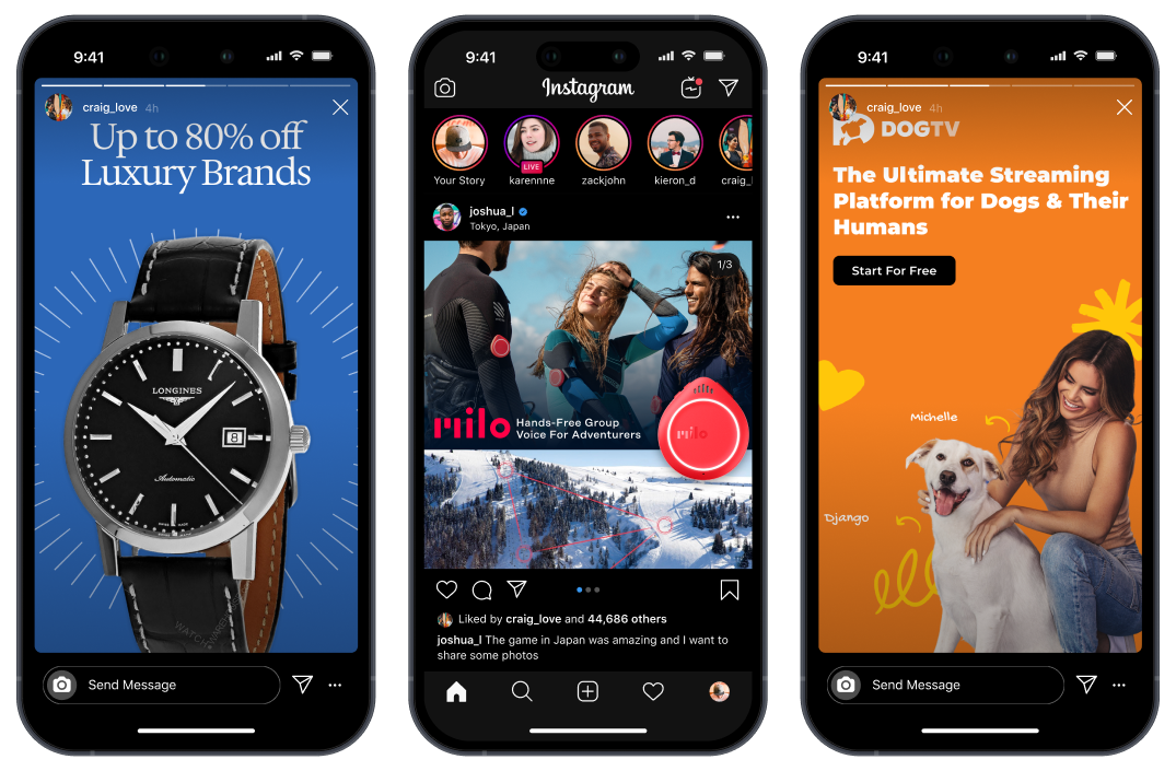 Instagram ads on three smartphones